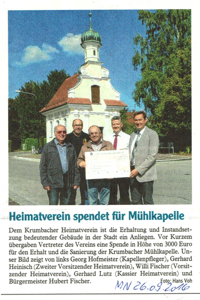 Bild aus der Zeitung:Heimatverein spendet für Mühlkapelle